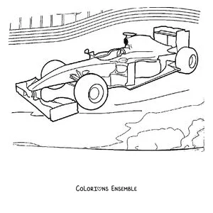 Coloriage d'une voiture de Formule 1 de profil roulant sur le circuit