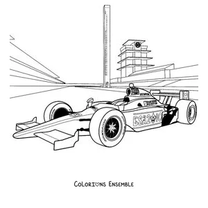 Coloriage d'une voiture de Formule 1 en course sur le circuit devant les tribunes
