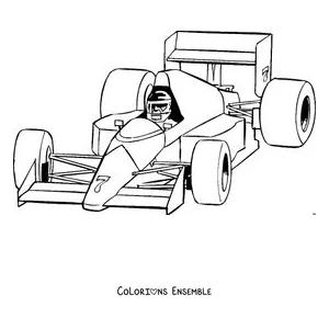 Coloriage d'une voiture de Formule 1 avec son pilote assis dans le cockpit