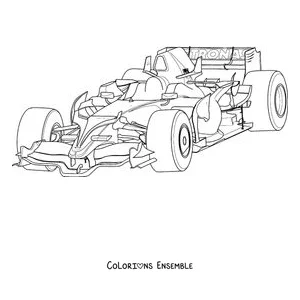 Coloriage d'une voiture de Formule 1 vue de trois quarts avant
