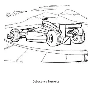 Coloriage d'une voiture de Formule 1 vue de derrière avec le paysage du circuit