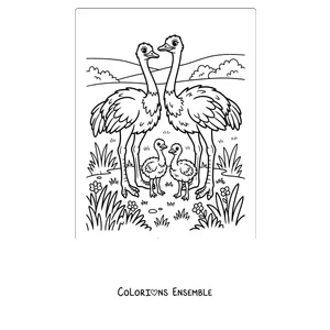 Coloriage d'une famille d'autruches avec ses petits