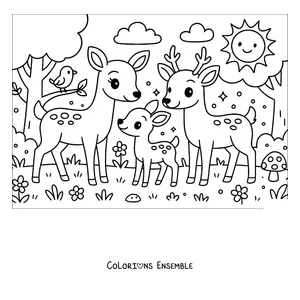 Coloriage d'une famille de cerfs dans la forêt