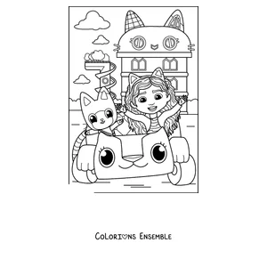 Coloriage de Gabby et Pandy Paws en balade dans la voiture Carlita devant la maison