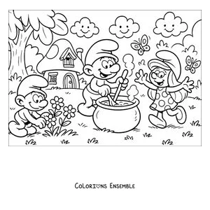 Coloriage du Grand Schtroumpf qui prépare une potion dans son chaudron