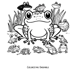 Coloriage d'une grande grenouille entourée de nombreuses petites grenouilles