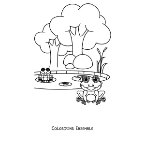 Coloriage d'une grenouille dans une forêt de champignons