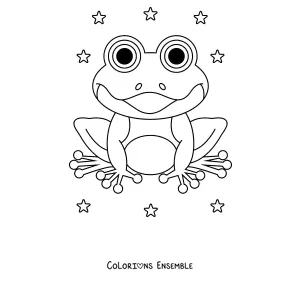 Coloriage d'une grenouille heureuse sur un nénuphar entourée d'étoiles