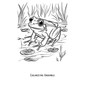 Coloriage d'une grenouille près de la mare parmi les nénuphars