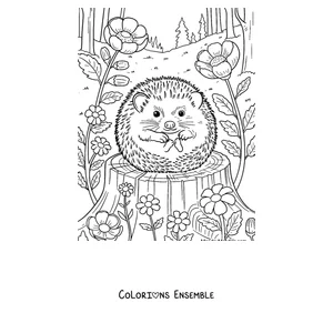 Coloriage d'un hérisson roulé en boule sur un tronc