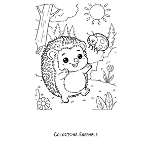 Coloriage d'un bébé hérisson jouant avec une coccinelle