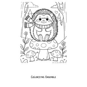 Coloriage d'un hérisson avec une écharpe parmi les champignons