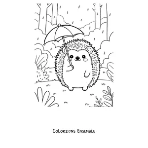 Coloriage d'un hérisson avec un parapluie sous la pluie