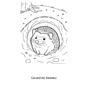 Coloriage d'un hérisson sortant la tête de son terrier