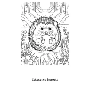Coloriage d'un hérisson assis sur un tronc dans la forêt