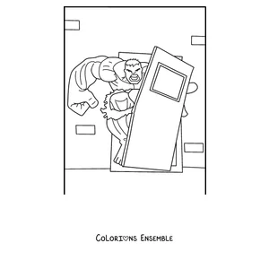 Coloriage de Hulk arrachant une porte en métal
