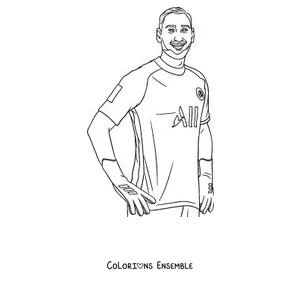 Coloriage d'un joueur du PSG souriant les mains sur les hanches