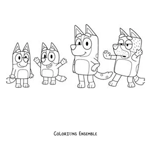 Coloriage de la famille Heeler : Bluey, Bingo, Chilli et Bandit
