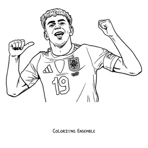 Coloriage de Lamine Yamal célébrant un but avec le maillot de l'Espagne