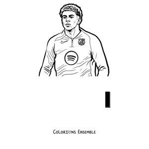 Coloriage de Lamine Yamal debout les bras croisés avec le maillot du Barça