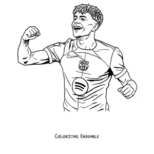 Coloriage de Lamine Yamal fléchissant le bras avec le maillot du Barça