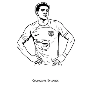 Coloriage de Lamine Yamal debout les mains sur les hanches avec le maillot du Barça