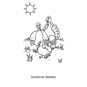 Coloriage d'une maman dinde se promenant avec ses dindonneaux