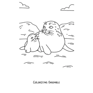 Coloriage d’une maman phoque et de son petit sur le rivage