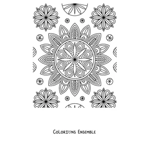 Coloriage d'une page avec un grand mandala d'automne entouré de mandalas et de fleurs plus petits