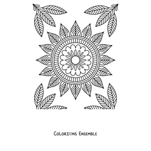 Coloriage d'un mandala de tournesol avec des bouquets de feuilles dans les coins