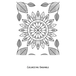 Coloriage d'un mandala de tournesol entouré de feuilles d'automne
