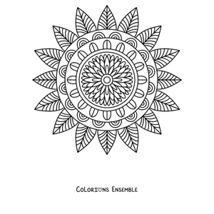 Coloriage d'un mandala d'automne en forme de tournesol avec des pétales pointus