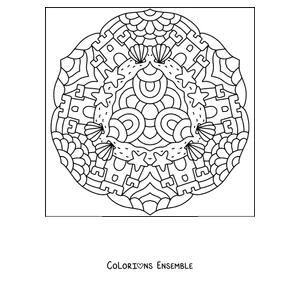 Coloriage d'un mandala d'été avec des châteaux de sable, des coquillages et des étoiles de mer