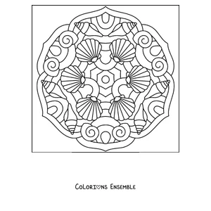 Coloriage d'un mandala d'été formé de coquillages et de conques de mer