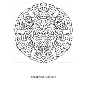 Coloriage d'un mandala d'été composé de cornets de glace et de sucettes glacées