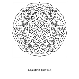 Coloriage d'un mandala d'été avec des poissons tropicaux et des coraux