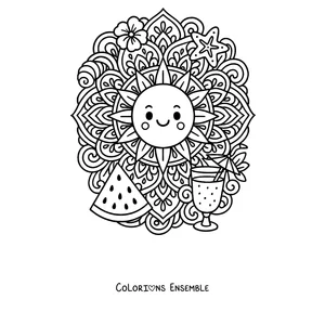 Coloriage d'un mandala d'été avec un soleil souriant, une pastèque, une fleur et une étoile de mer