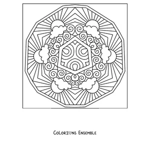 Coloriage d'un mandala d'été avec un soleil aux longs rayons et des nuages
