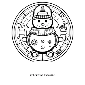 Coloriage d'un mandala d'hiver avec un bonhomme de neige portant un bonnet et une écharpe dans un cercle