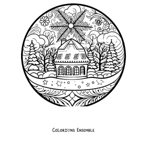 Coloriage d'un mandala d'hiver avec un chalet enneigé et des sapins à l'intérieur d'une boule à neige