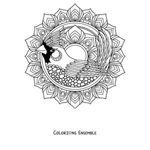 Coloriage d'un mandala d'hiver avec un oiseau cardinal entouré de pétales