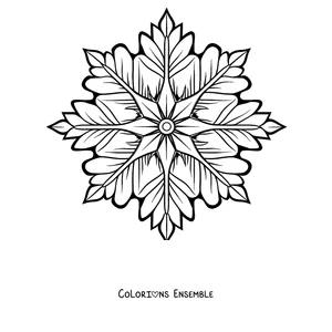 Coloriage d'un mandala d'hiver avec une grande étoile à pointes et des feuilles