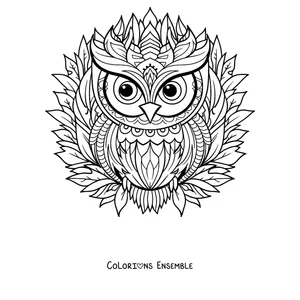 Coloriage d'un mandala d'hiver avec un hibou sur des feuilles et des formes de flocon