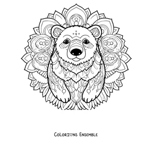 Coloriage d'un mandala d'hiver avec le visage d'un ours polaire sur des formes circulaires