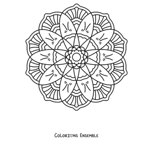 Coloriage d'un mandala de printemps rond avec de longs pétales et un anneau de fleurs