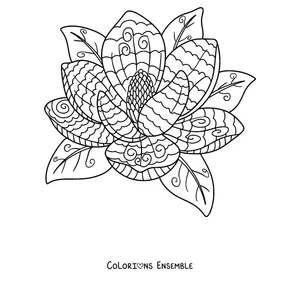 Coloriage d'un mandala de printemps en forme de fleur de magnolia avec des feuilles