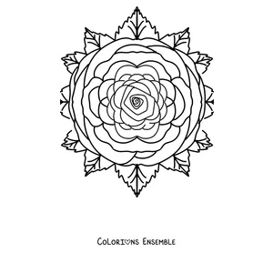Coloriage d'un mandala de printemps avec une rose au centre et des feuilles autour
