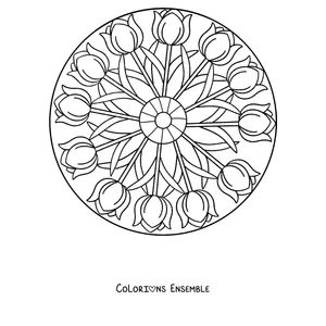 Coloriage d'un mandala de printemps avec des tulipes en cercle autour du centre