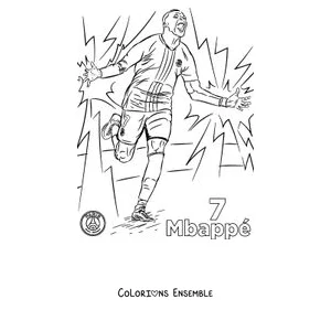 Coloriage de Mbappé célébrant un but avec le maillot numéro 7 du PSG