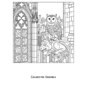 Coloriage d'un Meowl près d'un vitrail gothique